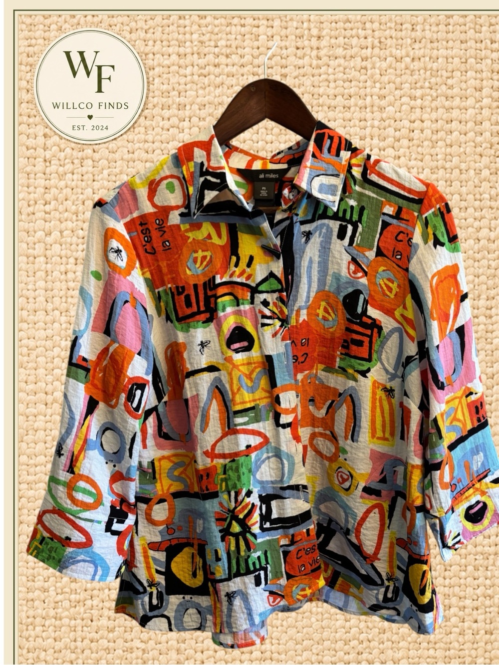 Ali Miles Women’s Abstract Art Print Linen Blend Zip Jacket Top Petite S